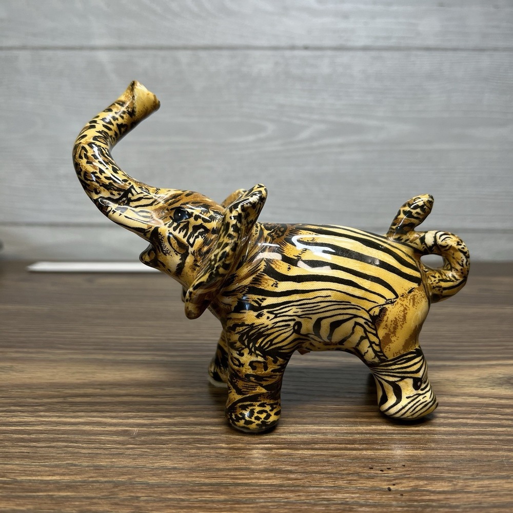 LaVie Ceramic Elephant Figurine Mixed Animal Print Zebra Leopard‎ Safari Decor
